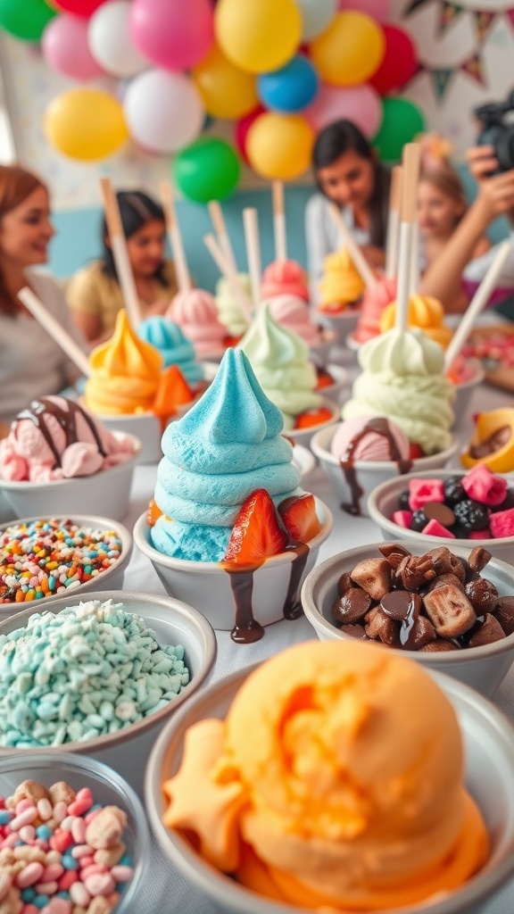 A festive ice cream party with colorful scoops and toppings.